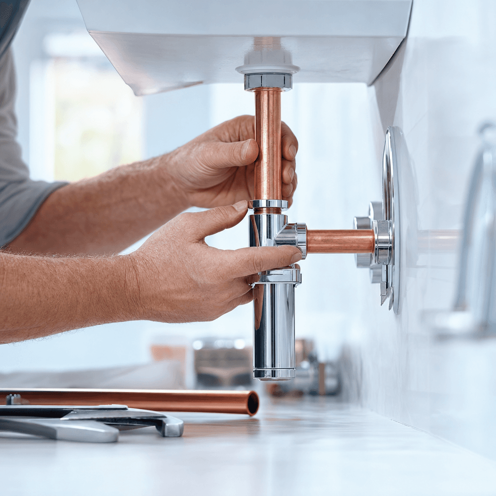 Skilled hands fitting clean new copper plumbing under a modern sink